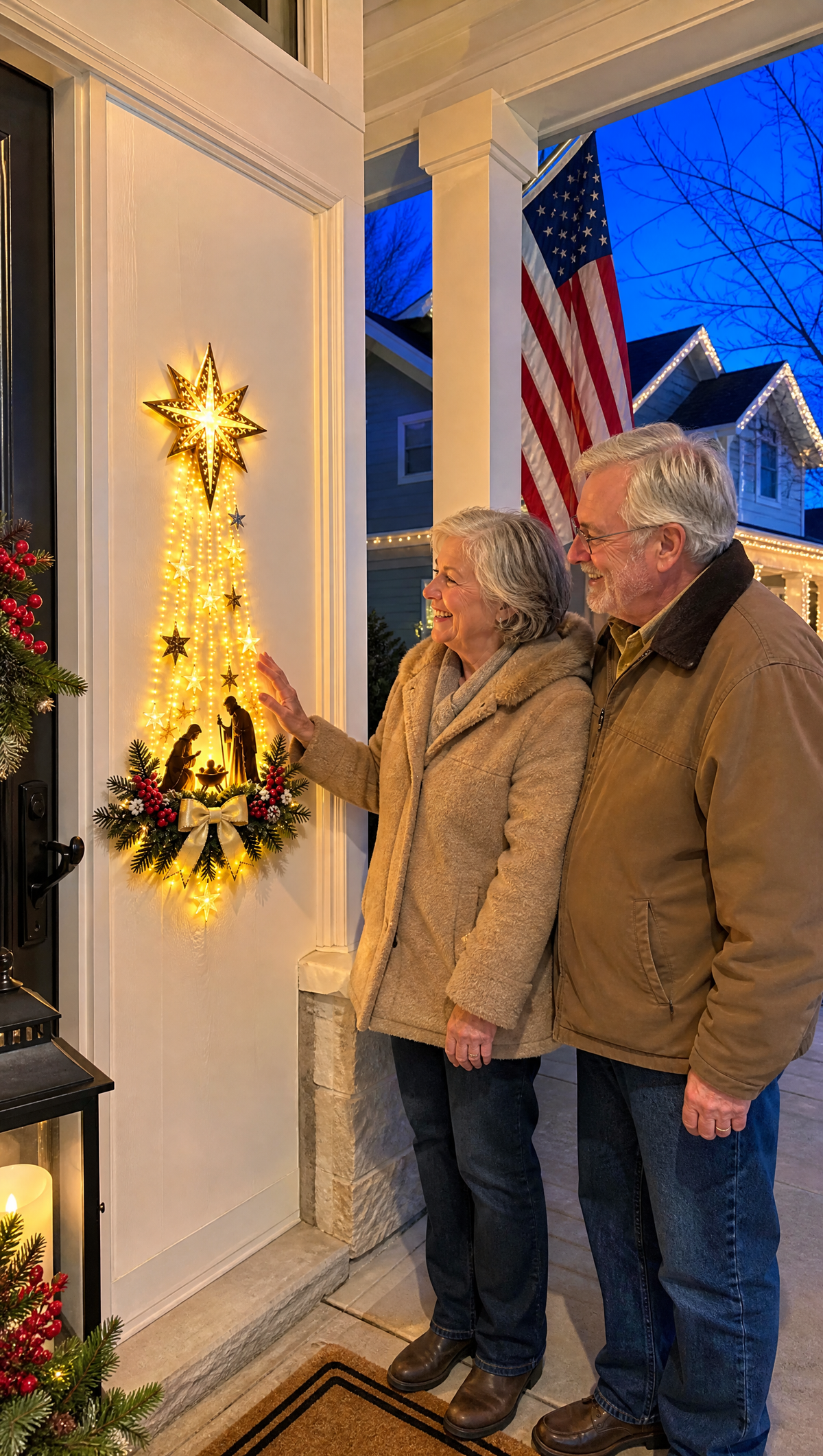 Couple admiring the Grace & Glory nativity on their front door