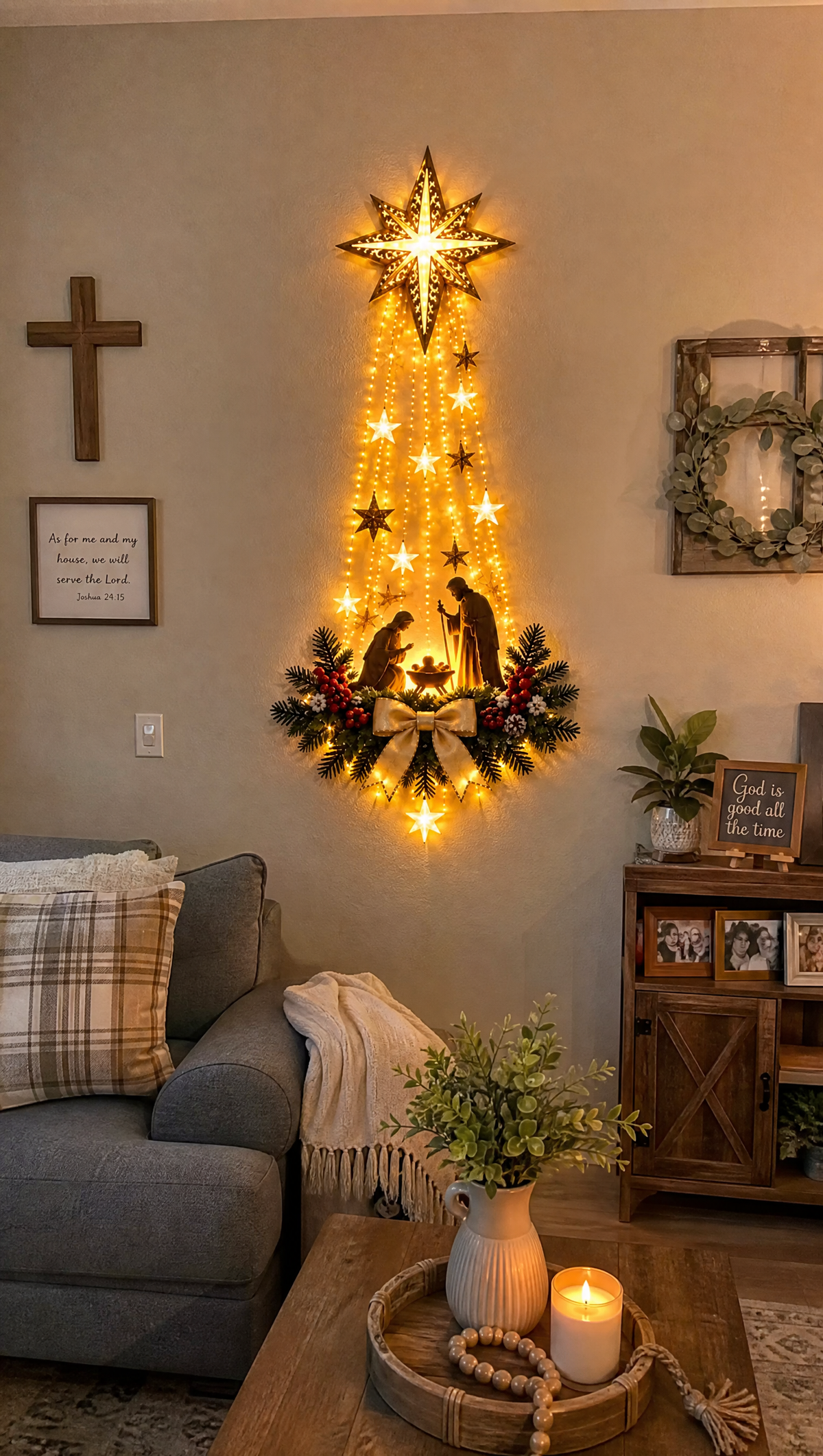 Grace & Glory light-up nativity glowing on a living room wall